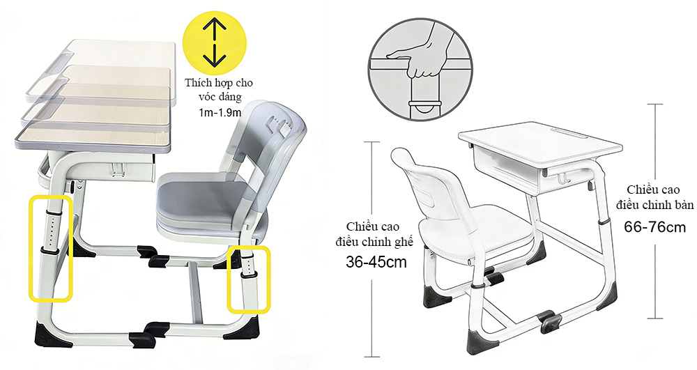 Điều chỉnh cao - thấp dể dàng - Bàn ghế học sinh SET01