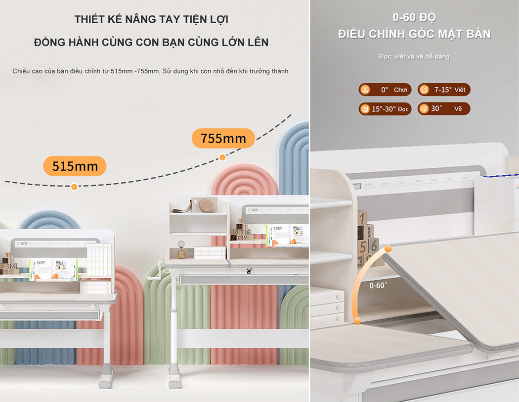 Bàn học thông minh chống gù DY-12001V1 điều chỉnh chiều cao theo chiều cao của trẻ