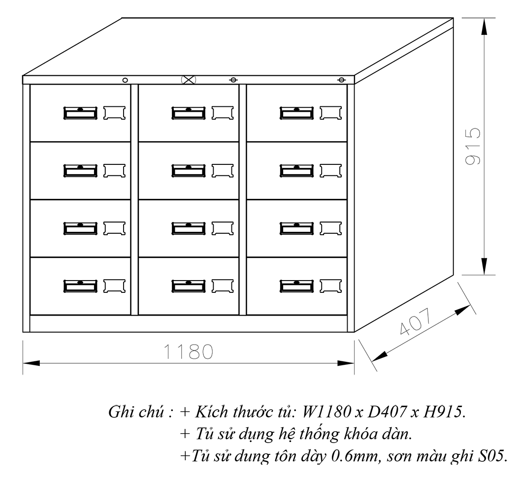 Chi tiết kích thước Tủ TU118-12D